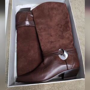 Via Spiga Brown Suede and Leather Boots with Silver Accent